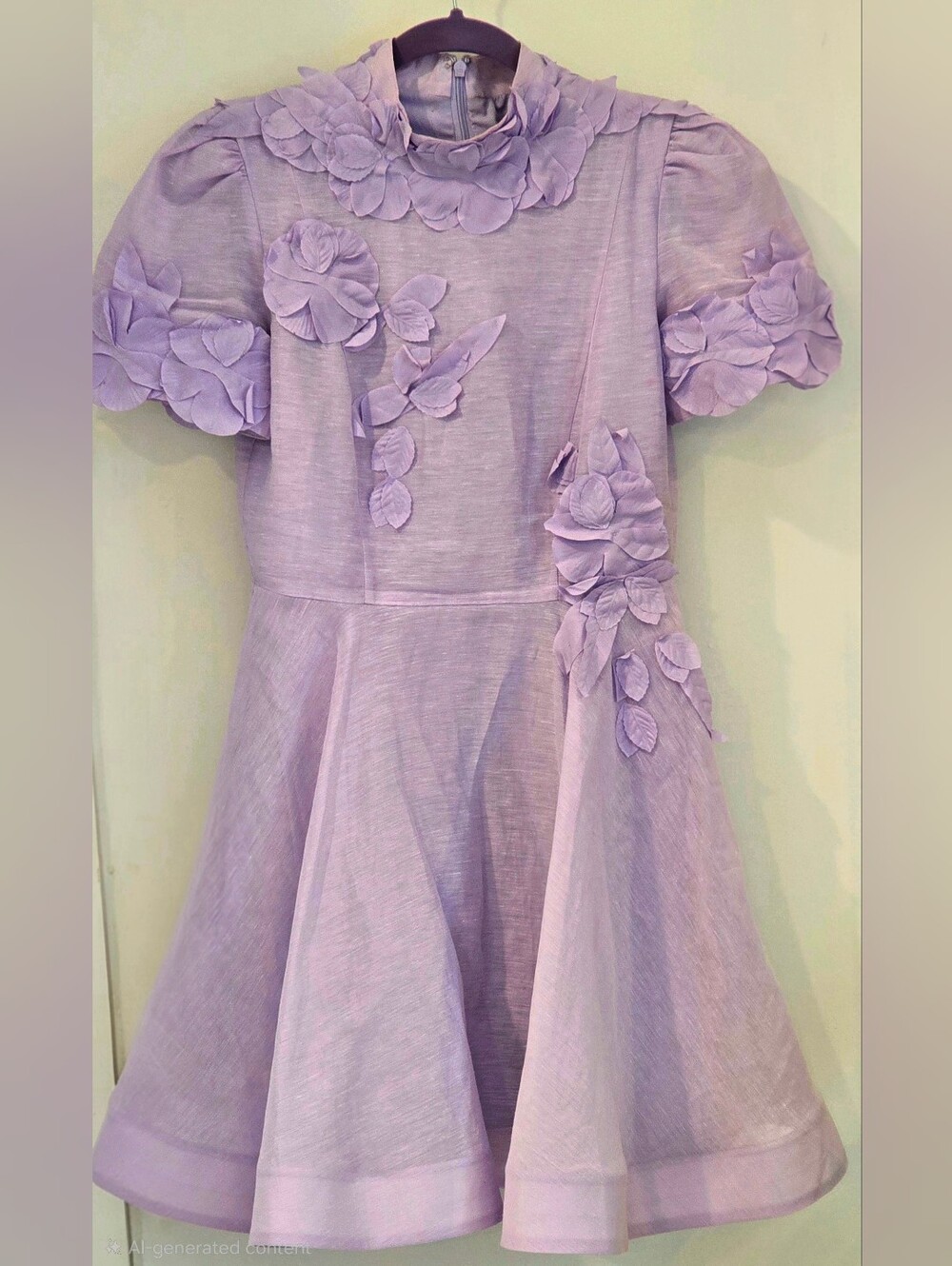 NWT Antonio Melani Lavender 3D Floral Appliqué Puff Sleeve Dress Size 2